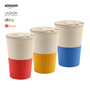 Wheat <b>Straw</b> Coffee <b>Cup</b> <b>With</b> Lid 300Ml Portable Reusable Mug For Hot <b>Cold</b> Drinks Travel Office Home Use Solid Color - Product Image 1