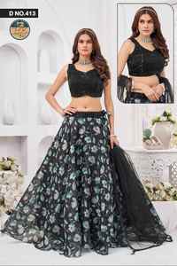 Lehenga Choli Noir à Motifs Floraux pour Femme, Tenue de Soirée Designer, Ensemble Ethnique, Jupe Imprimée, Blouse à Paillettes avec Dupatta, Vêtement de Fête - Product Image 3