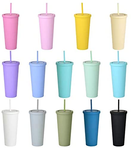 Тонкий стакан с крышкой и соломинкой 22 унции, матовые пастельные цветные многоразовые чашки, вакуумные пластиковые стаканы с двойными стенками и соломинкой