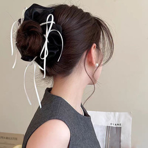Coleteros de malla de color liso con lazo de perlas dulces de 12 cm para mujer, accesorios para el cabello - Product Image 3