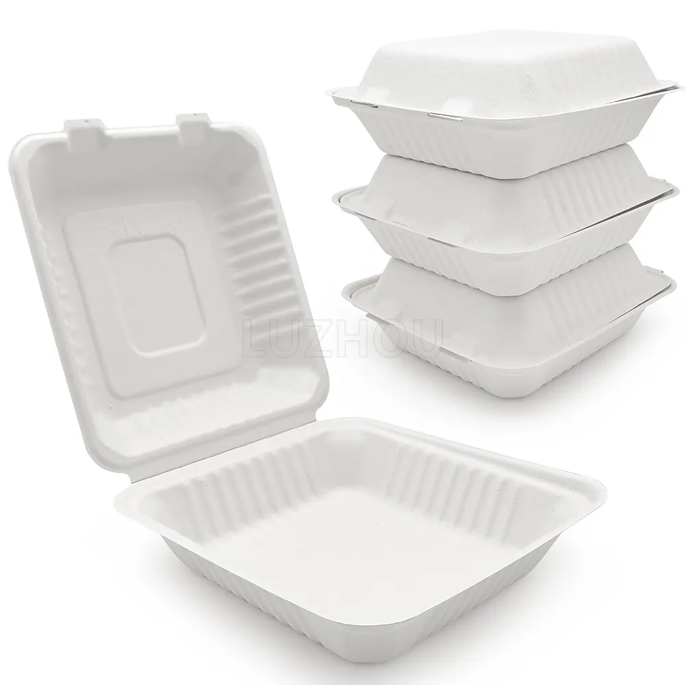1200ml 8" Microwavable Greaseproof Eco Friendly Biodegradable Sugarcane Bagasse Food Lunch Box To Go