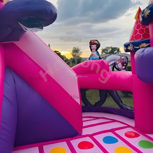 טירה מתנפחת מסחרית מ-PVC בצבע ורוד נסיכותי עם מגלשה, משולבת קפיצה ומשחקים לילדים - Product Image 6