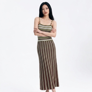 Robe d'été décontractée en tricot ajouré personnalisée, ensemble débardeur et jupe longue, palette vert-marron-moutarde pour femme - Product Image 5