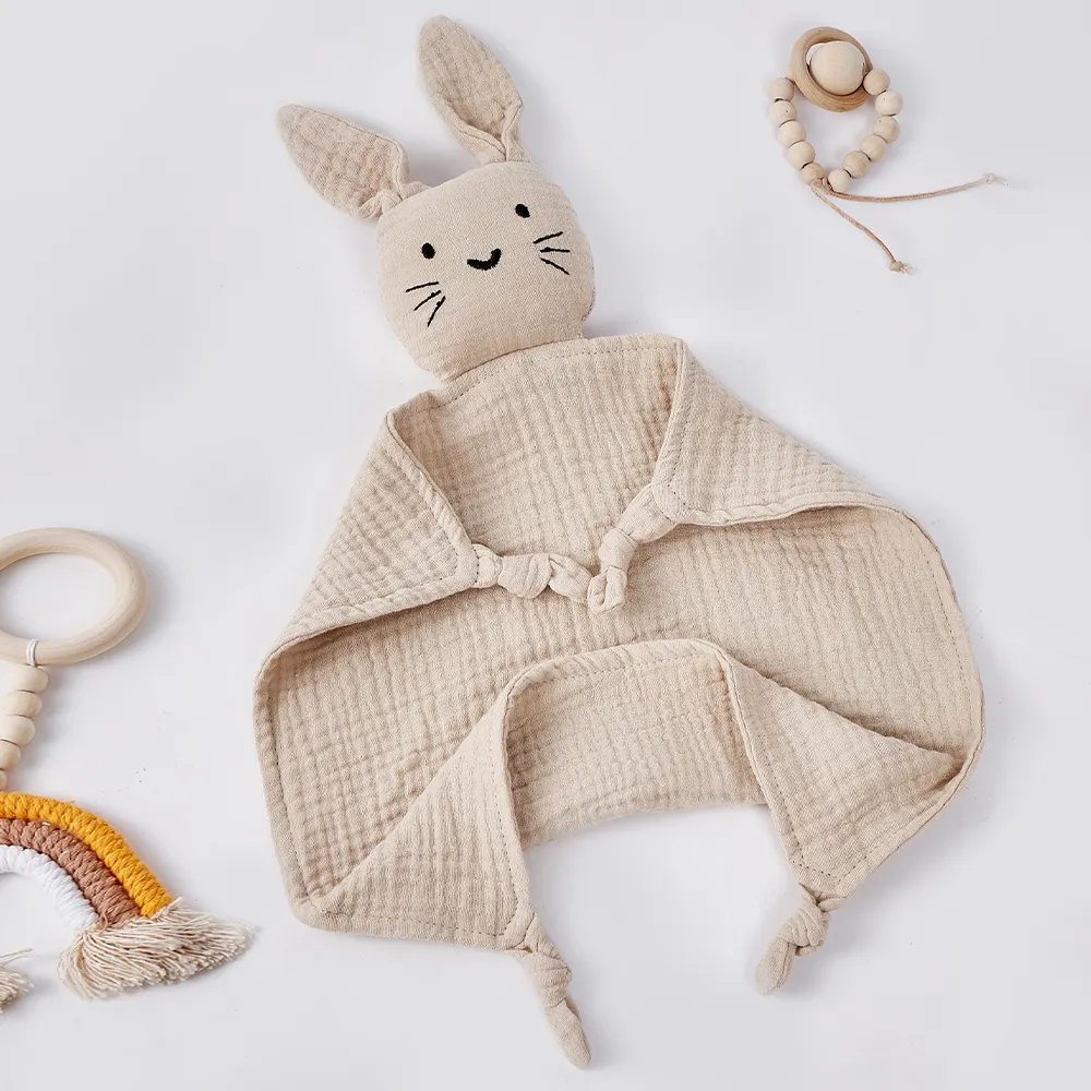 Hot Sale 100% Organic Cotton Soft Toy Muslin Blanket Plain Animal Baby Rabbit Bunny Lovey Baby Comforter Security Blanket Set