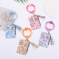 Gelang Kunci Kulit Motif Bunga Bohemian Gaya Baru dengan Gantungan Kunci, Tempat Kartu, Manik-Manik Silikon, dan Dompet
