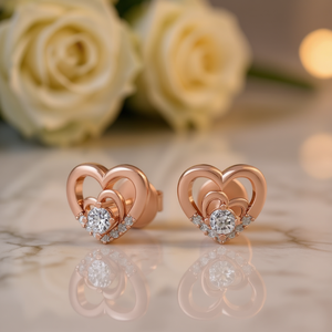 E1452 Orecchini in oro rosa con diamanti, taglio rotondo brillante, colore G, diamanti naturali, gioielli romantici da fidanzamento per donna - Product Image 2