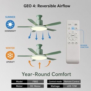 Modern 56 Inch <b>Ceiling</b> <b>Fan</b> with LED Light <b>Remote</b> <b>Control</b> DC Motor Reversible 6 Speed F882 for Living Room - Product Image 6