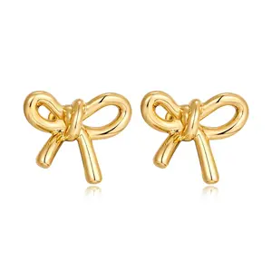 2024 Fashion Jewelry Hot selling Bow Copper Plated True Gold Earring Polished Premium Women's Minimal Bow 18K Gold Stud Earrings
