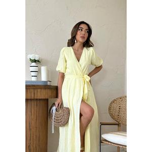 Robe en mousseline de lin jaune à double boutonnage, taille naturelle, coupe ample, respirante, pour usage quotidien décontracté - Product Image 3