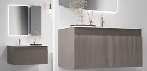 Mobile Bagno Sospeso Neo Luxury Grigio Scanalato con Lavabo, Specchio LED Smart e Mobiletto con Chiusura Ammortizzata - Product Image 2