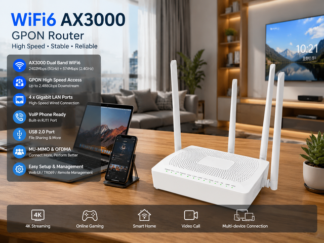 Home Use WiFi6 AX3000 GPON ONU Modem Router Dual Band Fiber Gateway with VoIP