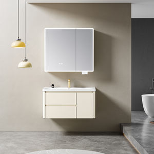 Mueble de Baño Flotante con Espejo y Gabinete de Pared Estilo <span class=keywords><strong>Crema</strong></span>, Combinación de Acero Inoxidable con Lavabo y Cajones - Product Image 1