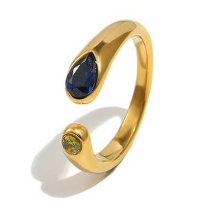 2026 High End Dual Pear Shaped Colored Zircon Set Stainless Steel 18K Gold Plated <b>Adjustable</b> Open Cuff Stackable Finger <b>Ring</b> - Product Image 3