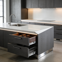 Meubles de cuisine de style ferme moderne avec îlot gris foncé et finitions dorées