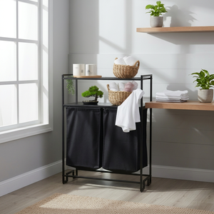 Panier à linge avec trieur de vêtements, panier à linge double, étagère à linge en métal, étagère de rangement pour le linge, panier à linge à 2 compartiments, panier à linge pour salle de bain - Product Image 1