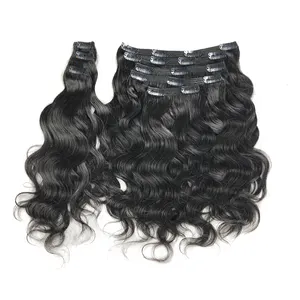 100% human hair no synthetic clip in hair extensions, Remy natural wave clip in human hair extensions