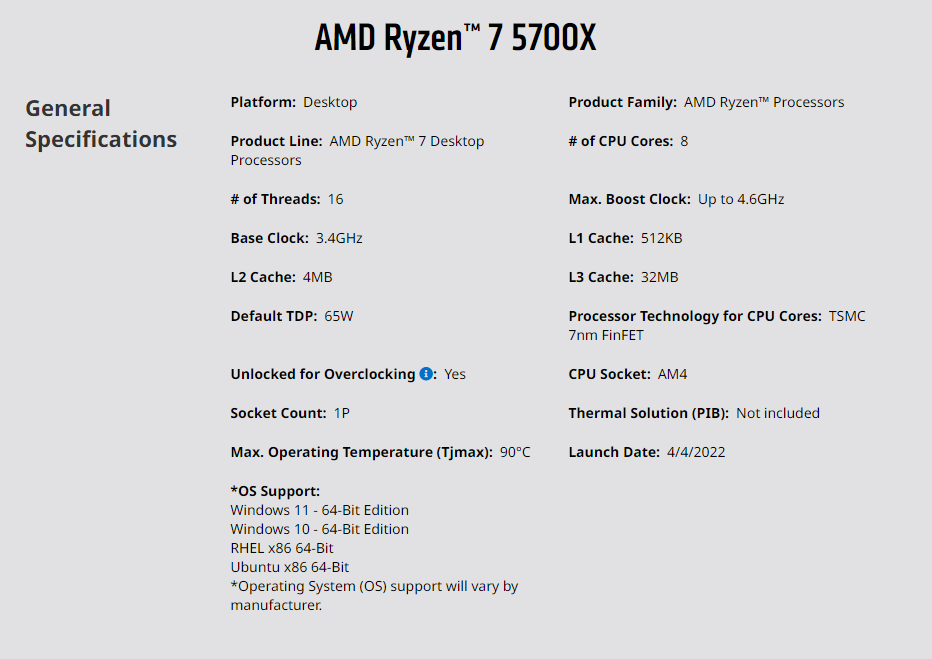 AMD Ryzen 7 5700X AM4 Desktop Processor - 8 Cores, 16 Threads, Up