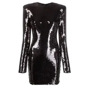 Shinny All Over Sequined Delicacy Lady 2024 Spring Fashion O-neckline Long Sleeve Women Solid Slim Fitted Mini Dress