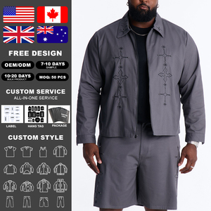 KingSen Wholesale <b>Gothic</b> Embroidery 2 Piece Men Set Heavyweight Twill Cotton Zip Up <b>Jacket</b> Shorts Casual Outfit Streetwear - Product Image 2