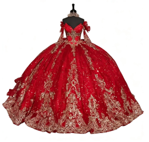 Vestido de Quinceañera con Lentejuelas Rojas Brillantes - Vestido de Gala con Cola de Corte Bordado a Mano en Oro - Product Image 1
