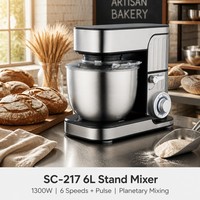 Batteur sur socle 1300W 6L en acier inoxydable avec boîtier couvert, rotation planétaire, 6 vitesses + fonction Pulse, engrenages métalliques LED pour la maison et la boulangerie