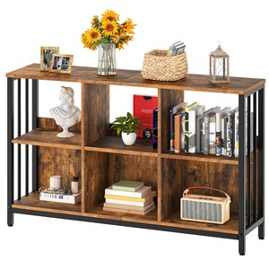 6 <strong>Cube</strong> Storage Organizer with <strong>Shelf</strong>, Industrial Horizontal Bookshelf, Wooden and Metal Cubby Bookcase, Long Shelving Unit - Product Image 1