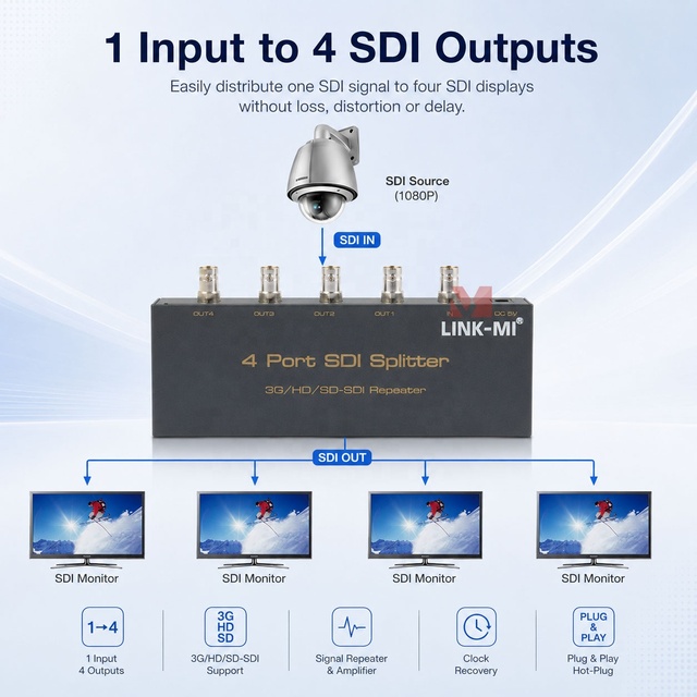 1x4 SDI Splitter Extender with SD-SDI HD-SDI 3G-SD Modes and 1080P/1080I/720P/576I/ 480I Video Resolution Clock Recovery