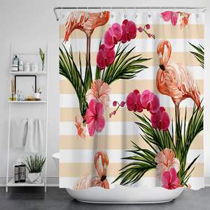 Cortinas de <span class=keywords><strong>ducha</strong></span> con estampado de flamencos y plantas tropicales personalizadas con impresión Digital, decoración del hogar, pantalla de baño impermeable con logotipo personalizado - Product Image 4