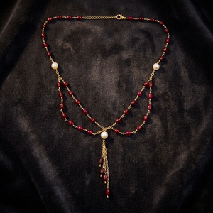 Collier personnalisé en alliage de zinc plaqué rhodium avec pierre précieuse rubis rouge, perles à double couche, chaîne à pampilles en perles, bijou de luxe pour femme - Product Image 6