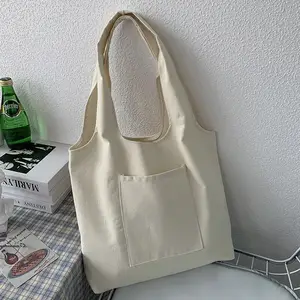 Tas belanja kain katun ramah lingkungan dapat dipakai ulang, tas belanja rompi kanvas dengan saku untuk pelajar wanita