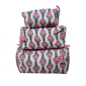 Indian Quilted Eco-Friendly Reusable Zipper Closure Cotton Cosmetic Case Soft Handle Large Capacity Vintage Tassel <b>Makeup</b> Pouch - Product Image 1