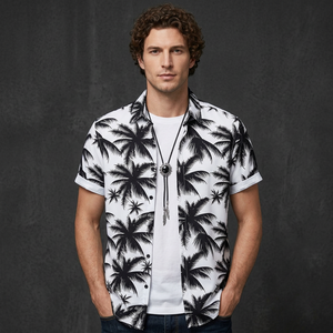 Camisa Hawaiana Negra con Estampado de Palmeras para Hombre, Manga Corta, Cuello Camisero, Informal, Veraniega, Playera con Patrón, Transpirable - Product Image 3