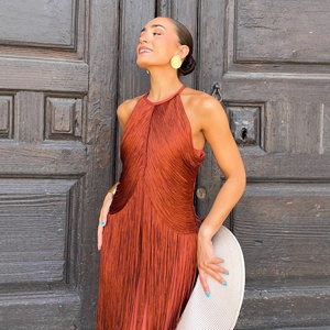 Abito <span class=keywords><strong>Lungo</strong></span> <span class=keywords><strong>con</strong></span> Collo all'Americana e Frange, <span class=keywords><strong>Vestito</strong></span> da Donna Antistatico per Feste Autunnali - Product Image 5