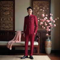 Costume homme slim fit à col mandarin, motif dragon, style chinois, tenue formelle, ensemble décontracté pour jeunes hommes