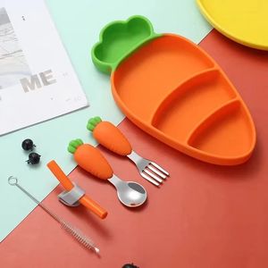 Mignon enfants Silicone Dîner <span class=keywords><strong>Pate</strong></span> Carotte Bol 304 En Acier Inoxydable Fourchette Cuillère Vaisselle Ensemble Bébé Alimentaire Supplémentaire Repas Assiette - Product Image 3