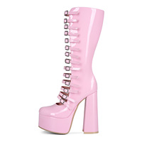 Fabricants sur mesure OEM, bottes à talons hauts pour femmes, plateforme double, bottes mi-hautes roses pour femmes