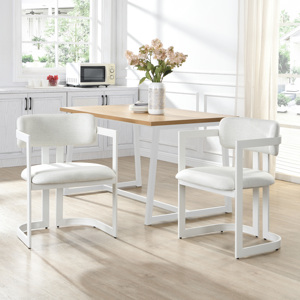 Modern Convertible Upholstered <b>Dining</b> Chairs Set of 2 Fabric <b>Armchairs</b> with Beige Seating White Metal Frame for Apartment - Product Image 1