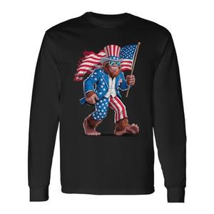 T-shirt a maniche lunghe con bandiera USA patriottica del 4 luglio Bigfoot Sasquatch - Product Image 1