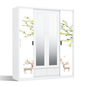 Armoire en acier imprimé avec 4 portes coulissantes et miroir pour chambre à coucher - Product Image 2