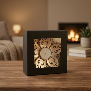 Portavelas Diya con Caja de Madera, Portavelas Redondo con Patrón Tallado, Diya con Caja de Regalo para Decoración del Hogar - Product Image 3