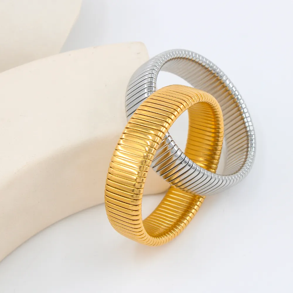 USENSET Fashion Double Flexible Bracelet Stainless Steel 18K Gold Plated Stacking Bracelet Interlocking Stretch Bangle Bracelet