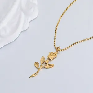 Elegant French solid rose flower pendant thin beads chain necklace titanium stainless steel waterproof tarnish fre 18k gold