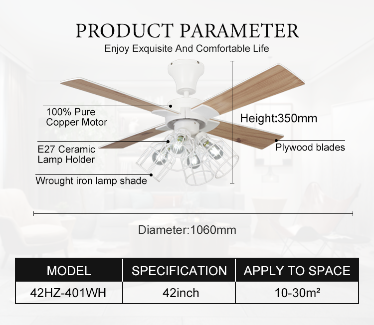American ceiling fan lamp 42 inch wrought iron lamp all copper motor plywood 4 blade ceiling chandelier OEM factory