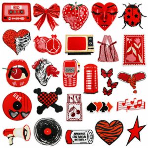 Iron on <b>Red</b> Series Embroidered Cool Girl Style Heart Phone <b>Bow</b> Capsule Strawberry Card Patch for Clothing Accessories - Product Image 4