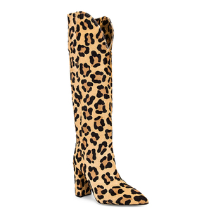 Kadın fabrika kaliteli leopar sahte at saç uzun çizme tıknaz topuk diz yüksek çizmeler - Product Image 3
