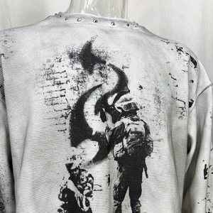 Camiseta de Manga Larga de Punto Waffle con Estampado DTG Personalizado al por Mayor, Camiseta Informal de Manga Larga de Punto Waffle con Hombros Caídos y Diseño de Concreto Sucio - Product Image 2