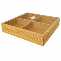 Vierdelige bamboe snackbox met kristallen handvat, transparant deksel en mogelijkheid voor aangepast logo.