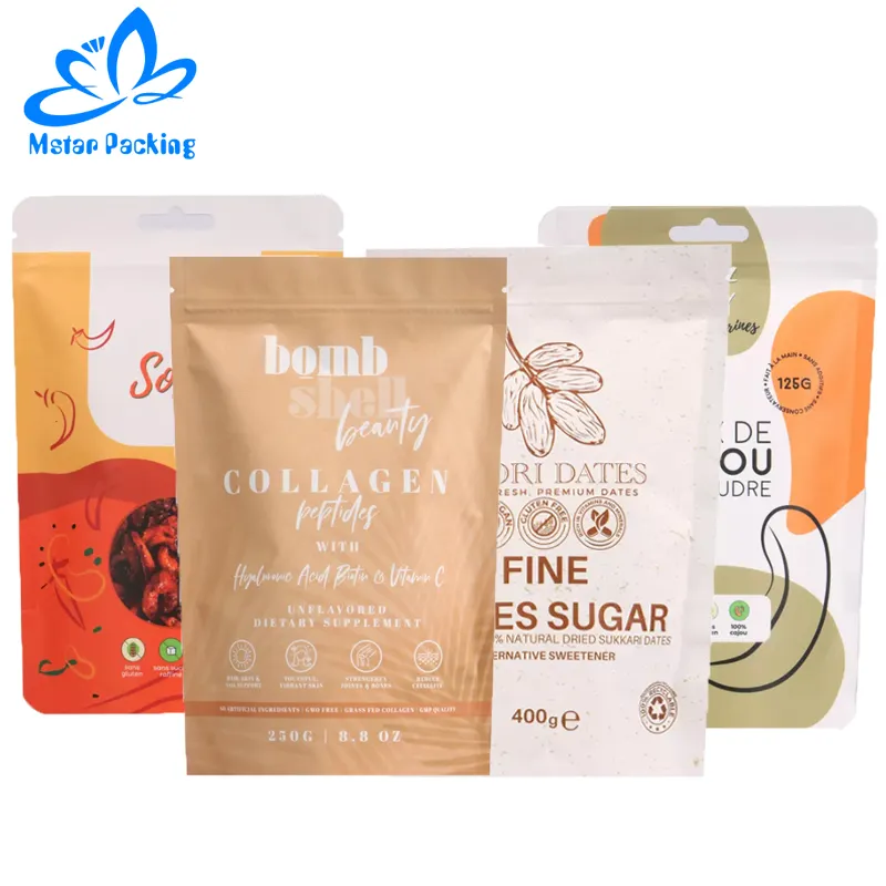 Custom waterproof zipper kraft paper stand up food snack resealable pouch package bag manufacturers