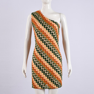 Women's One-Shoulder Wave Pattern Bodycon <b>Mini</b> Dress - Retro Geometric <b>Print</b> Dresses Fashion - Product Image 4
