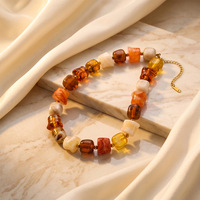 Collier en résine vintage en gros, perles mélangées couleur ambre, grosses perles torsadées, fait main, bijoux rétro pour femme